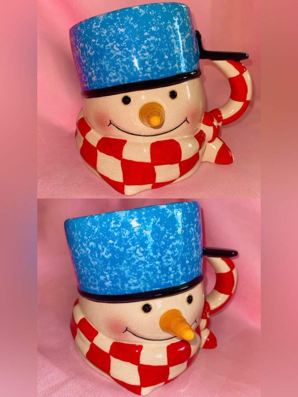 Mitford Hallmark & Jan Karon Snowman Mug Checkerboard Red Blue Hat Christmas Cup